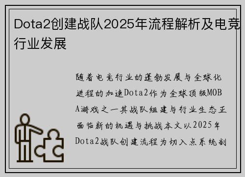 Dota2创建战队2025年流程解析及电竞行业发展